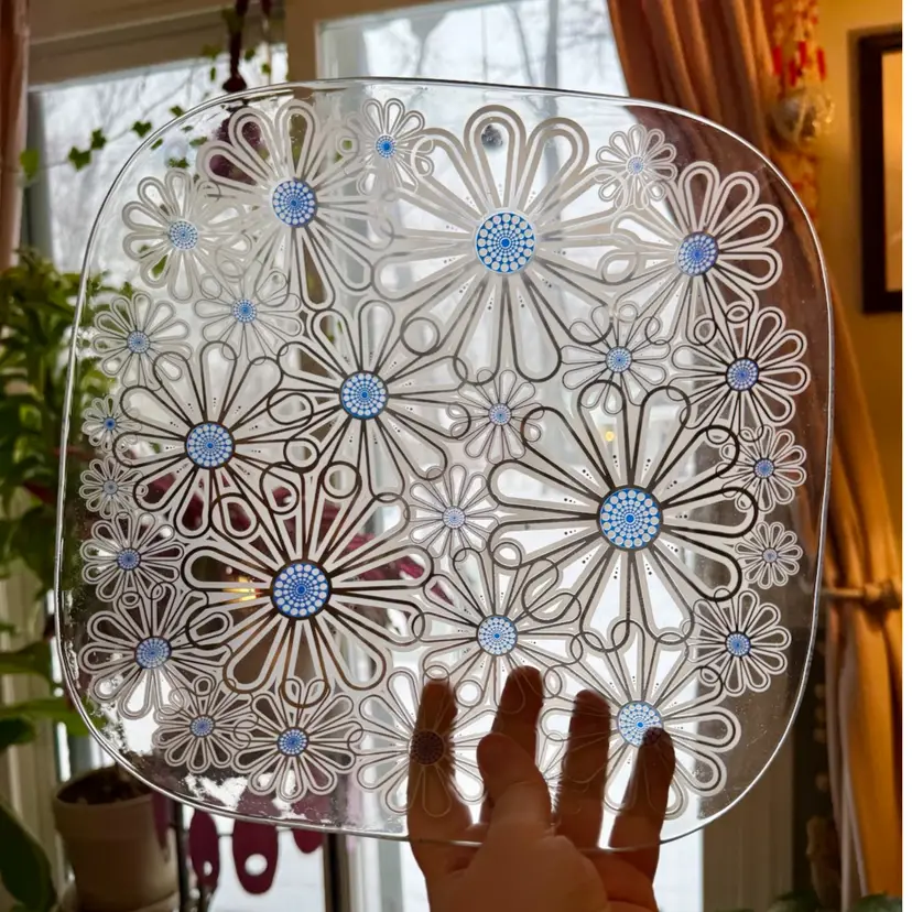 MCM Mod Glass Serving Dish Platter, Psychedelic Flower Power, Unmarked, Briard Style