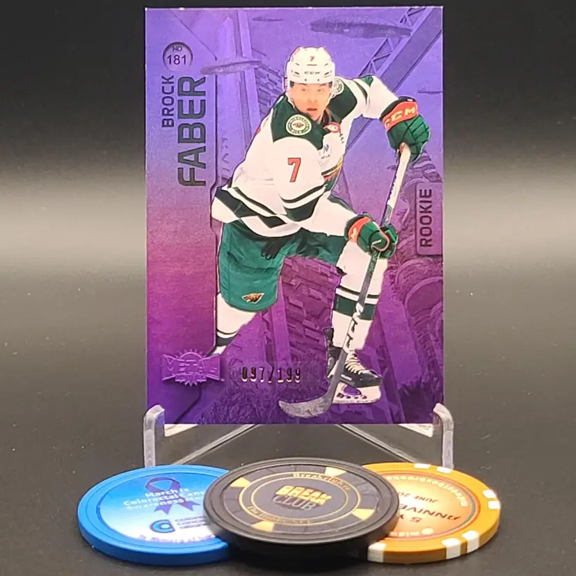 Brock Faber Rookie 2023-24 Upper Deck Skybox NHL Metal Universe Purple Spectrum Parallel Numbered 97/199 Card #181 - Minnesota Wild Hockey Card