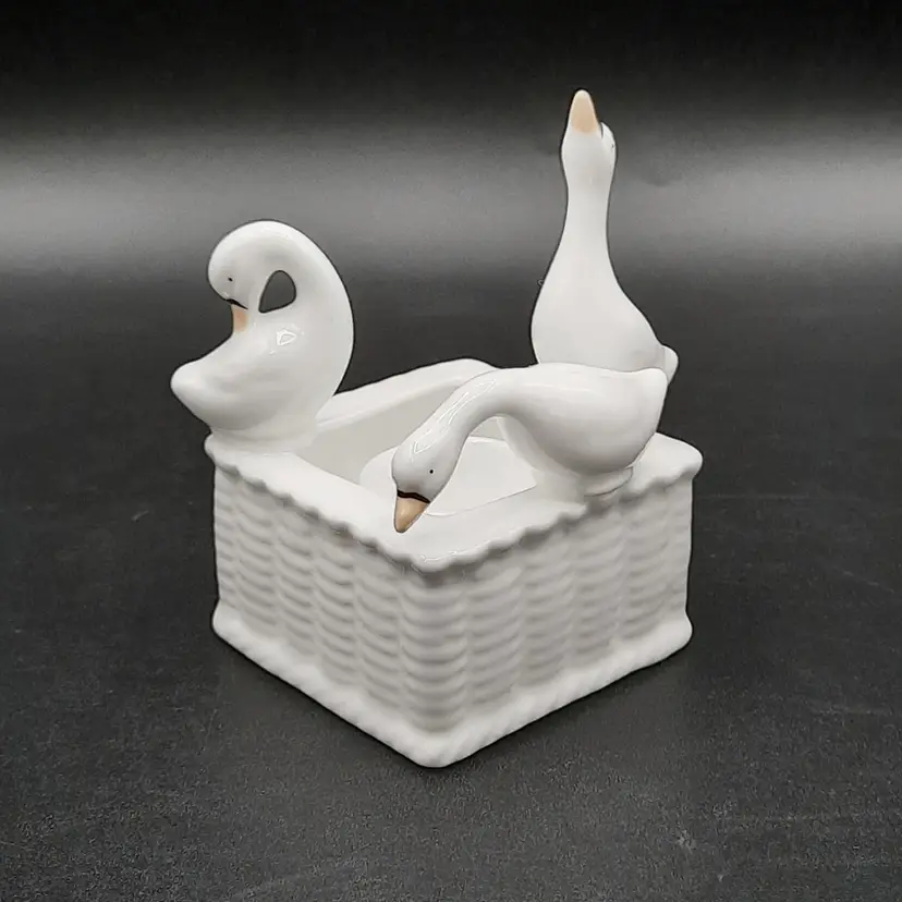 Vintage White Bone China Geese Basket Taper Candle Holder