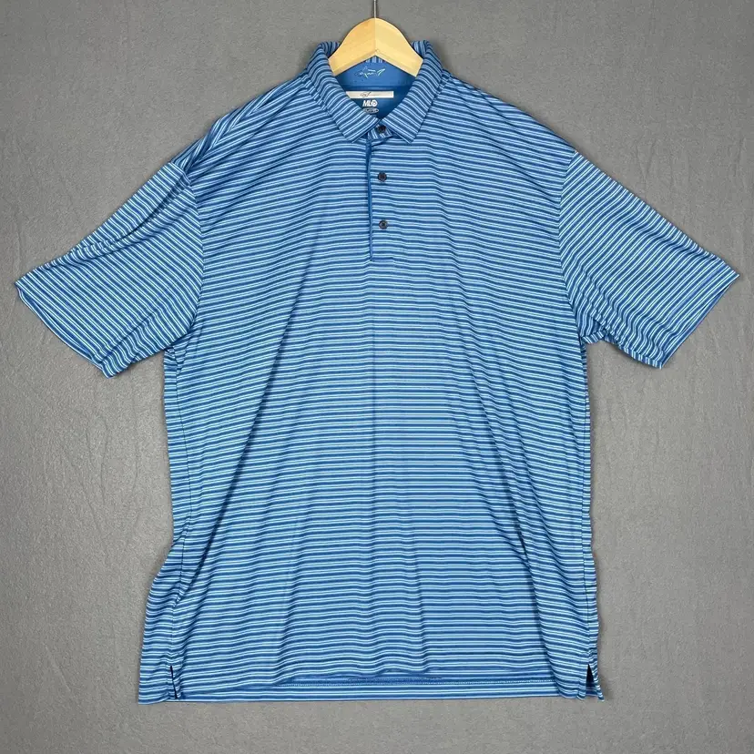 Greg Norman Polo Shirt Mens XXL Blue White Striped Short Sleeve Golf Performance M-1213