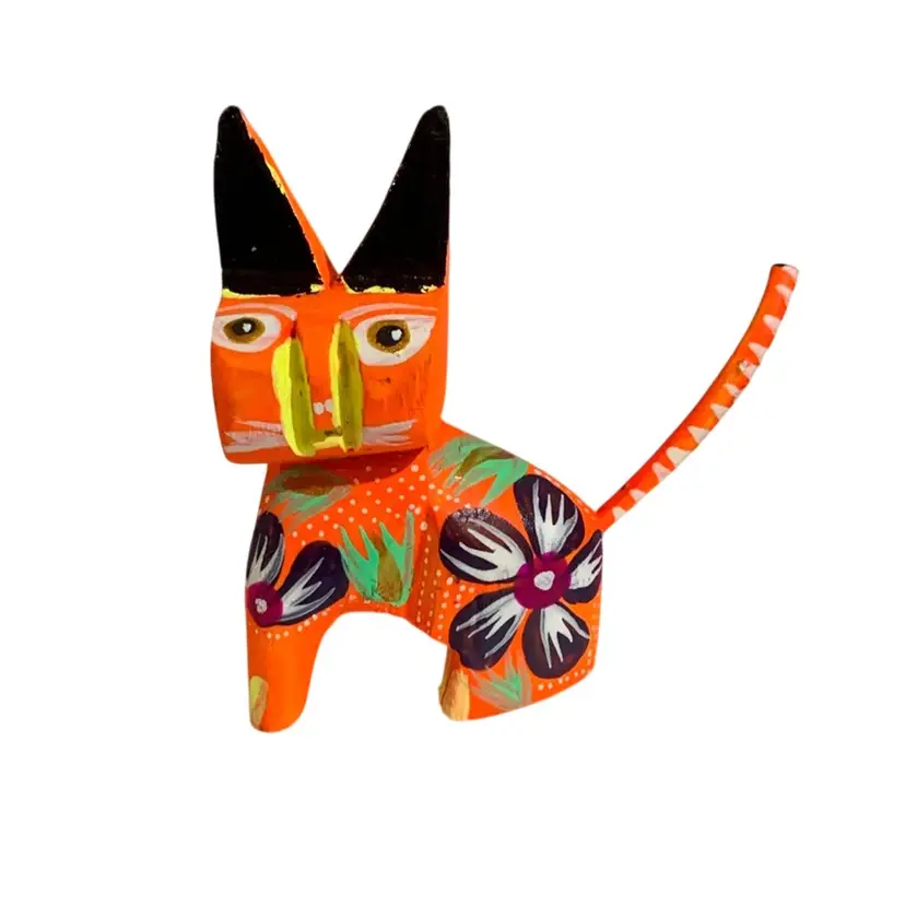 Colorful Hand Carved Wooden Alebrije Cat 🐈‍⬛ Jack Rabbit 🐇 Figurine 3” By 2.5” Tall Featuring Neon Orange Base Color Made By Me