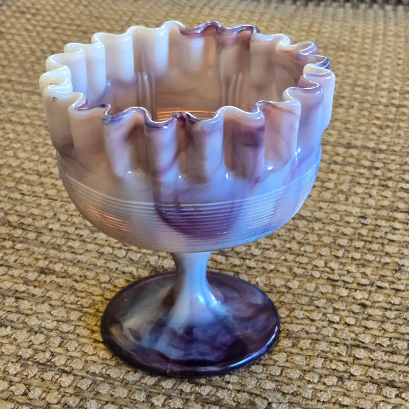 Art Slag Glass Compote Pinched Ruffled Edge 4¾" Tall Unbranded 4¼" Diameter Vintage