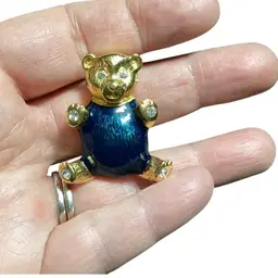Gold Tone Bear Brooch With Clear Rhinestones And Blue Belly 1.25” T X1” W