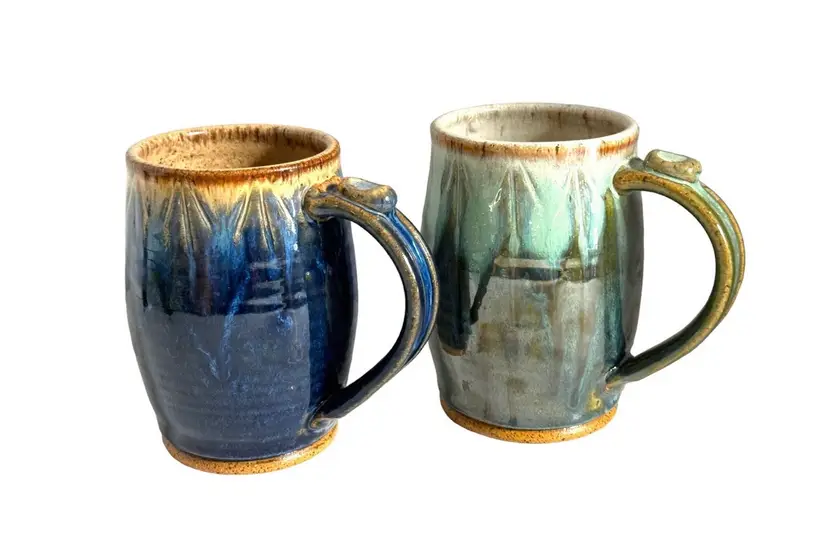 Pair of studio pottery glazed ceramic large coffee mugs/blue and green coffee mugs