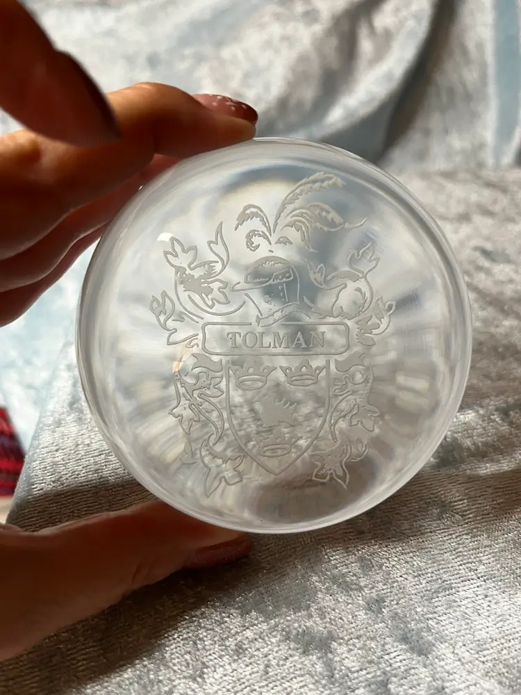 Tolman Coat Of Arms Etched Glass Paperweight. Has Tiny Chip See Last Picture.