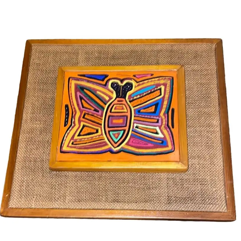 Vintage Mola Hand stitched Textile Framed Butterfly