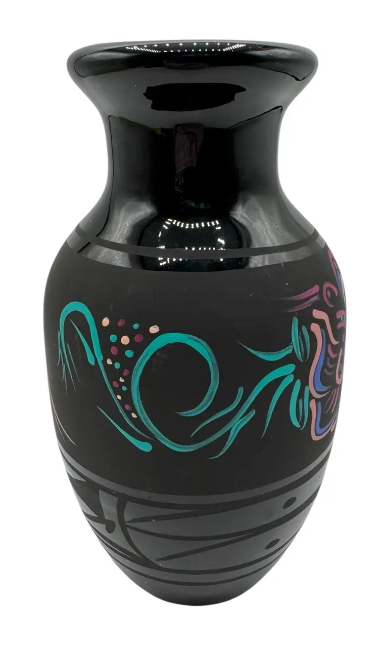 Signed Lyn Cedar Mesa Native American Black Ware Pottery Vase Hummingbird Floral