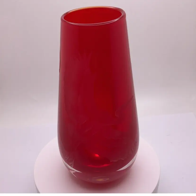 Art Glass Red Etched Vase 5.5" Crane Bird & Trees SIGNED