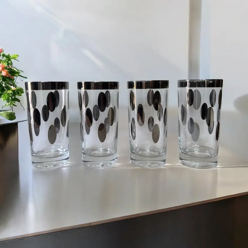 MCM Dorothy Thorpe Style Silver Oval Dot Glasses. 4 Highball Tumblers Tom Collins Glasses Retro Drinkware Polkadot Tumblers