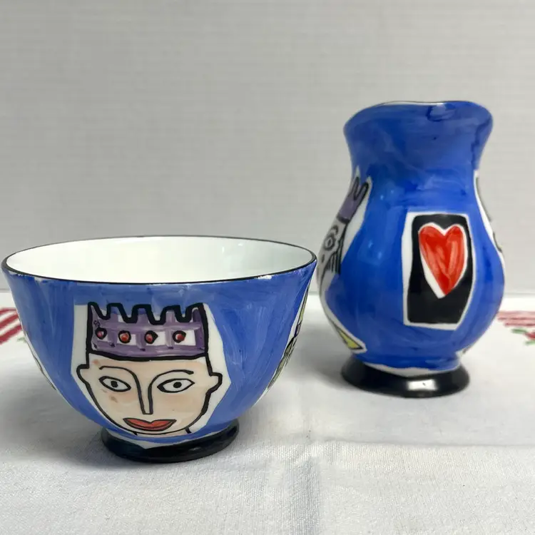 Mac Products Fine Bone China England Hand Painted Whimsical Cream & Open Sugar Set