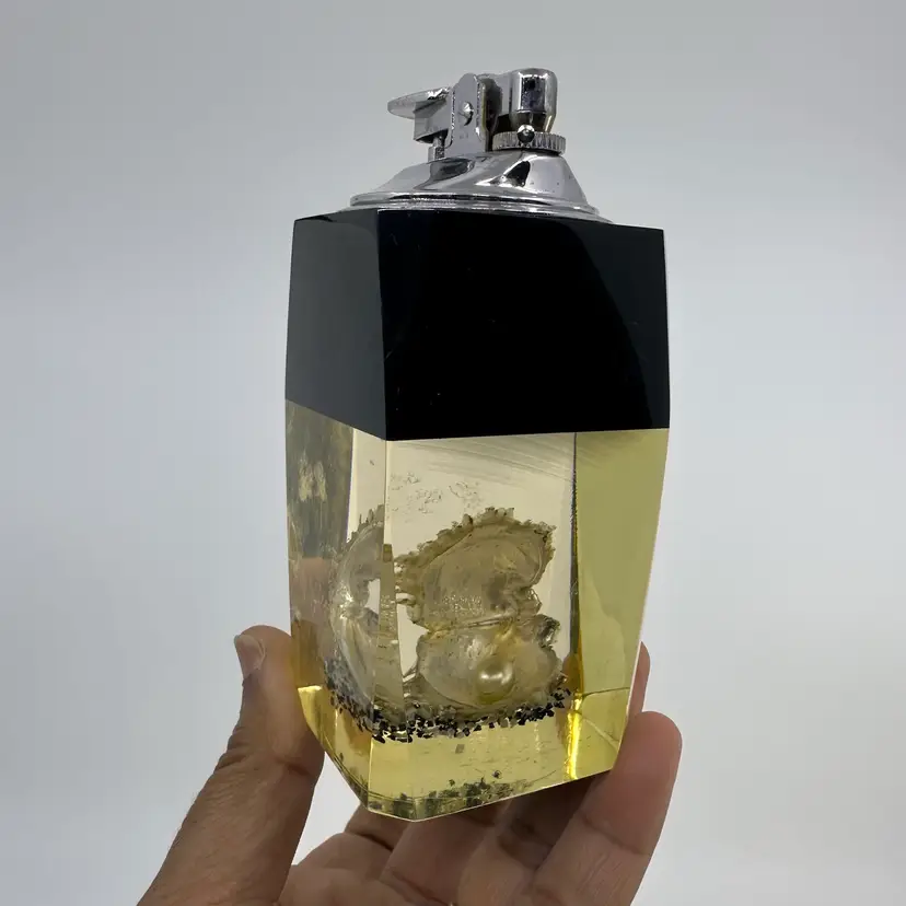 1960's Lucite Japan Table Lighter with an Oyster and Pearl in the Center