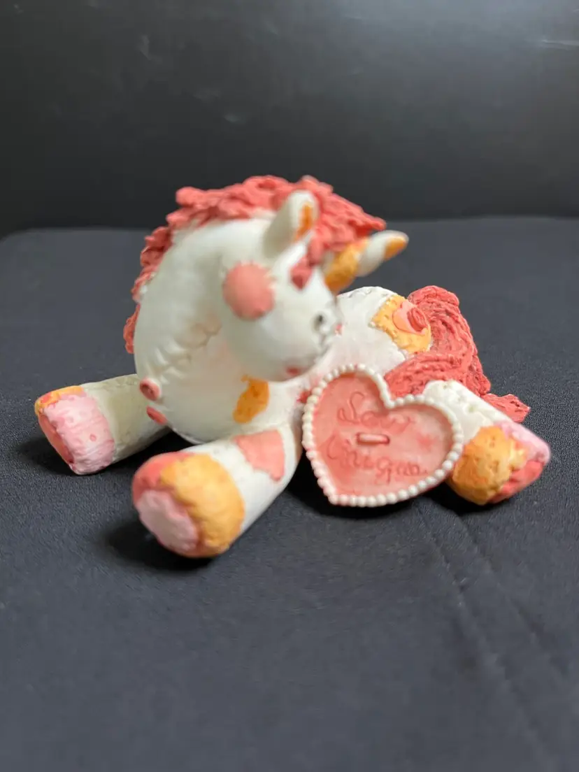 Enesco-1993-By Mary Rhyner Quilted Appearing Resin or Ceramic Unicorn w/ Heart that States, "Sew Unique"-(SOH)