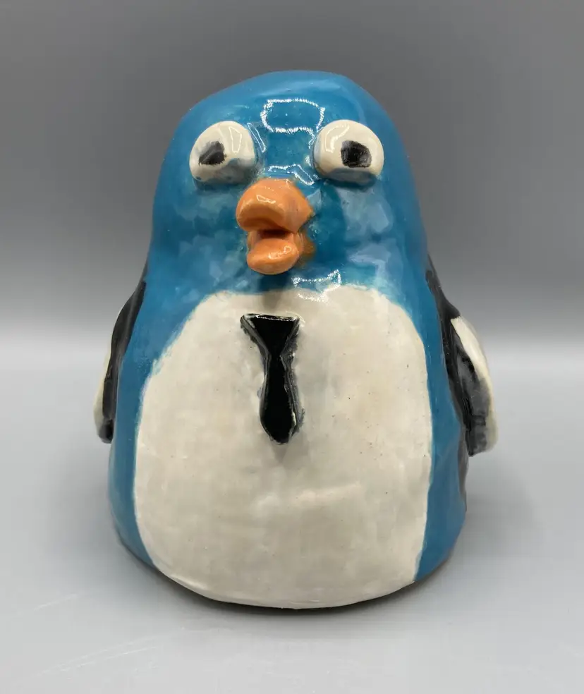 LAST CHANCE: Studio Art Pottery / Ceramic Derpy Blue Bow Tie Penguin Bank