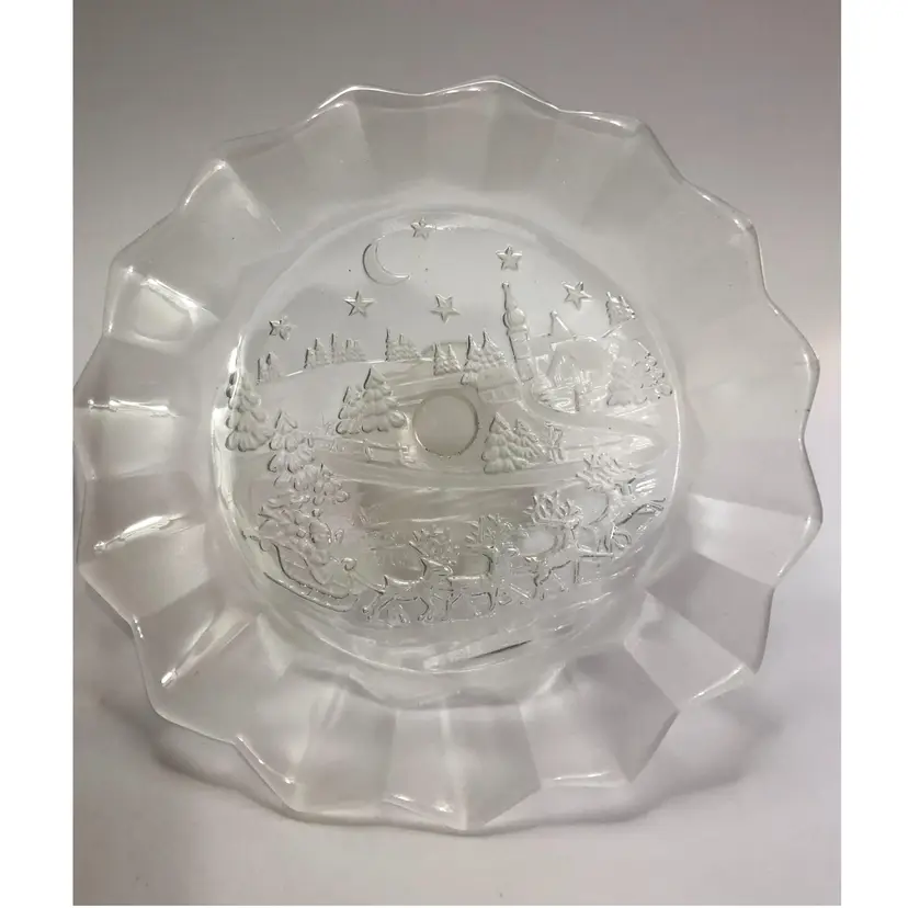 Vintage German Crystal Cake Serving Stand Snow Scene Santa & Sleigh German Village Frosted
