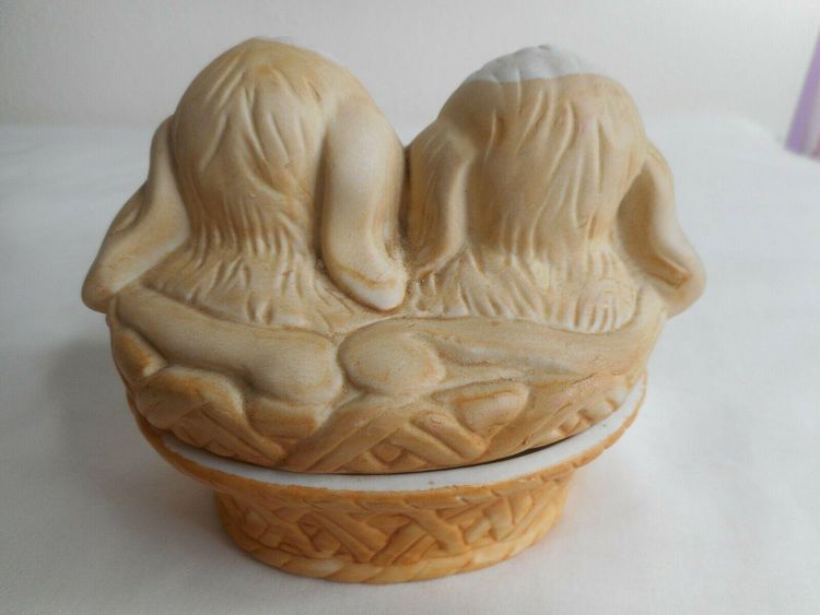 Vintage Porcelain Puppies / Dogs in Basket Trinket Dish
