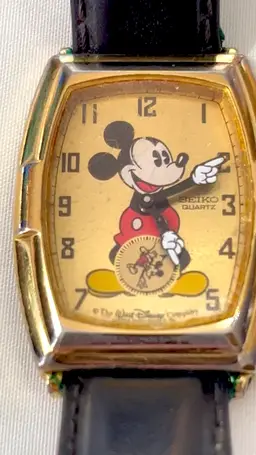 Vintage Seiko Mickey Mouse Watch w/Adjustable Leather Band 8.5"