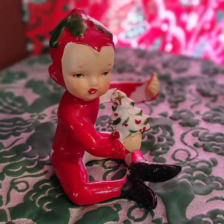 Vintage Christmas Pixie Candle Hugger | Kitschy Mid Century Pixie Elf with Holly and a Mini Christmas Tree | Naked Bottom Candle Climber | 1960s H.F. Co. Banner Brand Made in Japan