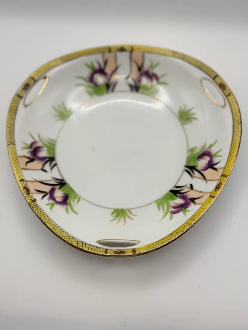 Vintage Noritake Morimura Hand Painted Soft Triangular Dish ~ Purple Irises And Gold Trim 7”