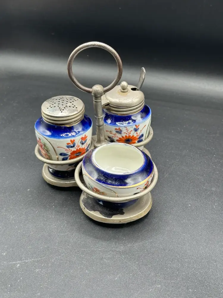 GAUDY WELSH / FLOW BLUE / CONDITMENT SET IN EPNS SILVER HOLDER