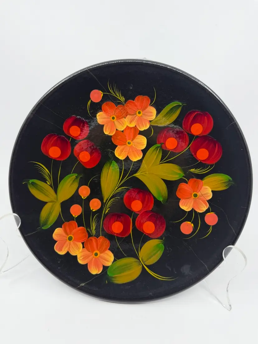 Vintage Ukrainian Petrykivka Handpainted Floral  Black Lacquer Wood Wall Plate
