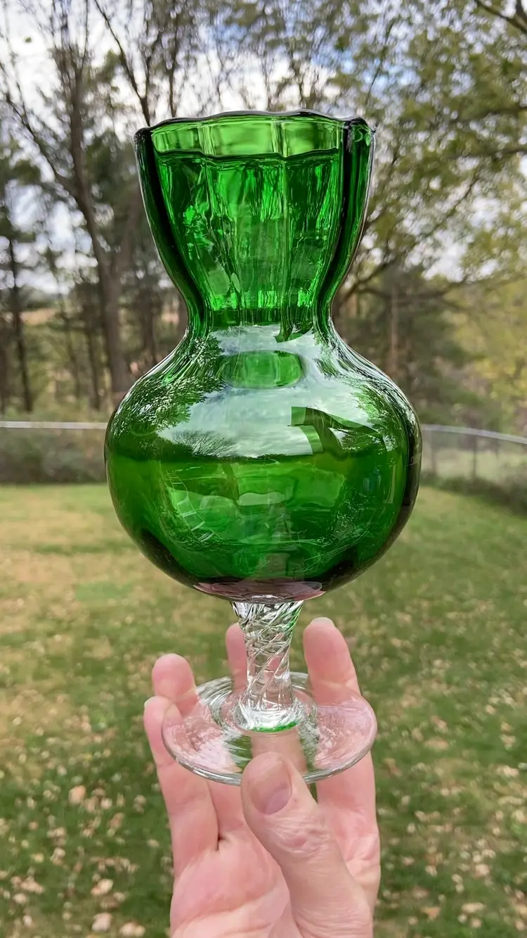 Emerald Green Glass, Pedestal Vase With Twisted, Clear Glass Stem. Beautiful Optics. No Marker’s Mark. 8”h.