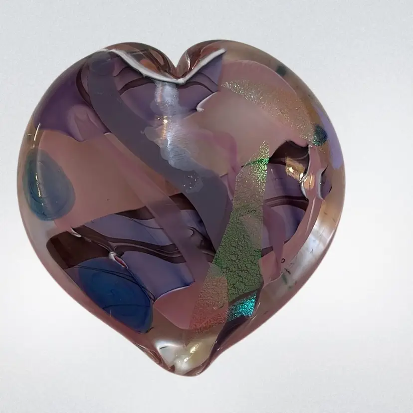 Large Blown Glass Heart Paperweight With Heavy Hanger On Back Pinks Purples Dichroic Blues 4 1/2” Tall And 4” Wide