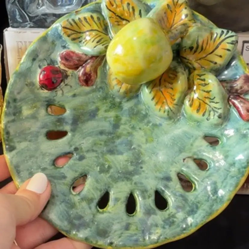 6 3/4” Majolica Apple And Ladybug Ceramic Redware Plate