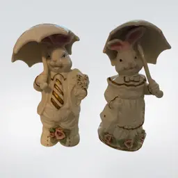 Vintage Porcelain Bunny Rabbit Figurines with Umbrella