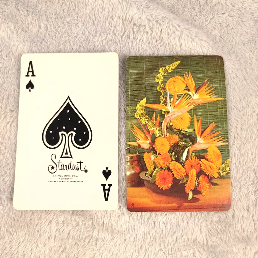1 Single Swap Card - Playing Card. Vintage Stardust card with Birds of Paradise. 1960-1970's. Ace of Spades. Dimension 2.5 x 3.5. Read description.