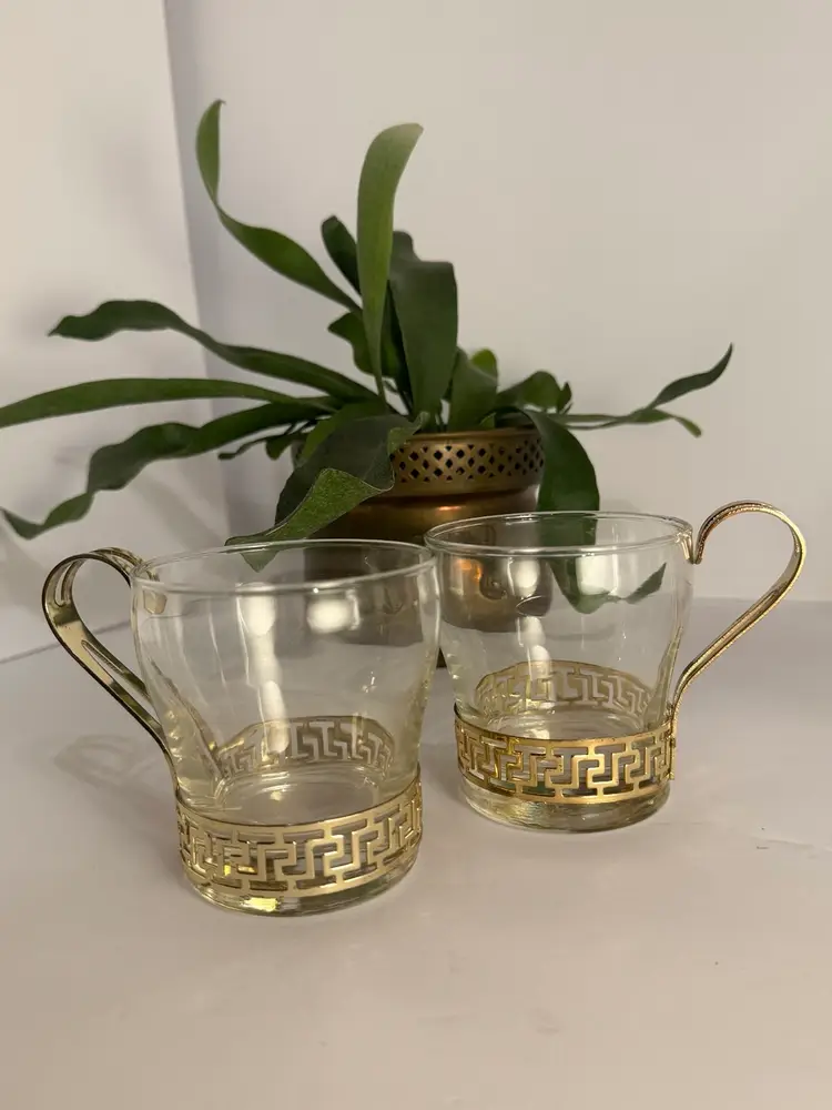 Mid Century Glass Cups With Greek Brass Detail 