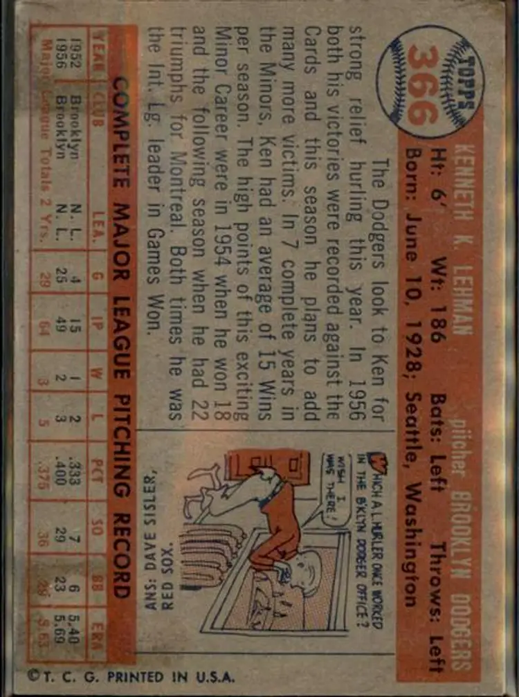 1957 Topps #366 Ken Lehman - ( pk1 ) - Brooklyn Dodgers