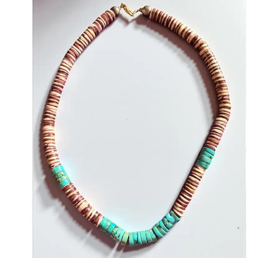 Vintage 70s Heshi Shell & Turquoise Large Chunky Necklace