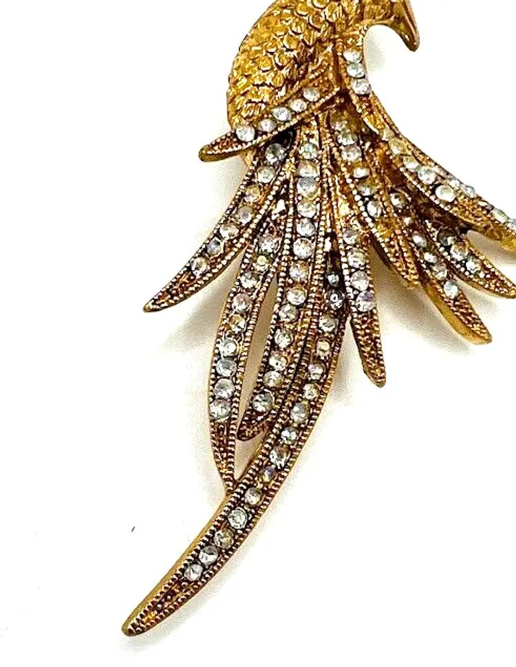 Vintage Gold Tone Bird of Paradise Brooch Phoenix Bird Pave Rhinestone Brooch