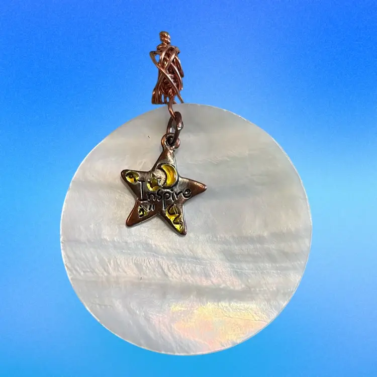 Full Moon And Inspire Star Ornament. Felt Ribbon, Glass Bead, Two Sticks, Shell For Moon. 7 1/2” Long
