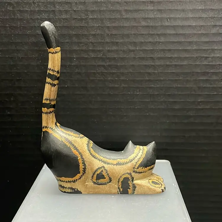 Vintage Long Tail Cat Kitten Handmade Carved & Painted Wood