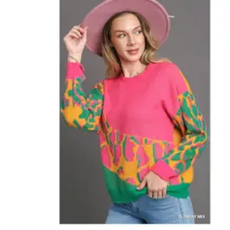 Umgee Colorblock Leopard Pullover Sweater in Sunray Mix size S