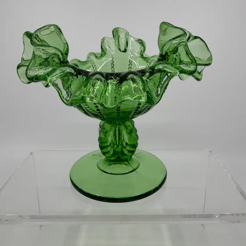 Vintage LG Wright Green Compote  Double Crimped Edges Beaded Candy Dish