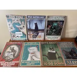 Lot of 7 Cat Metal Signs, Fun Wall Decor, New