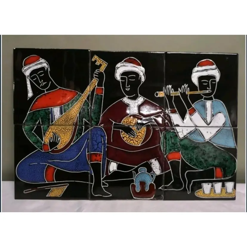 Vintage African Handpainted Ceramic Tiles Of Musicians - Tunisian Wall Hanging Art