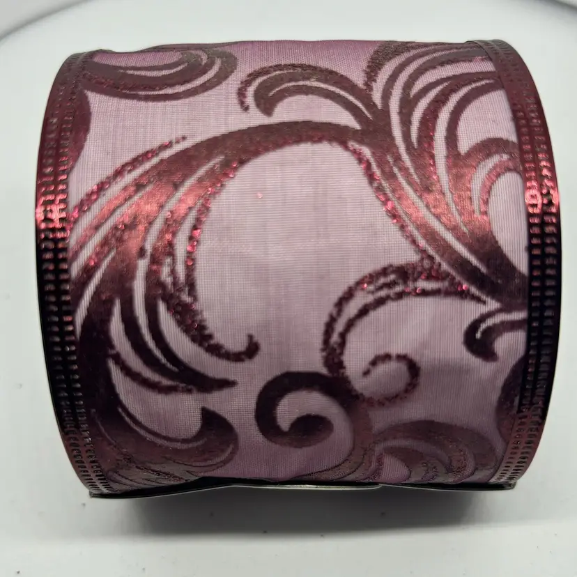2.5" x 25' Sheer Wired Ribbon Maroon Wine Burgundy With Metallic Pattern