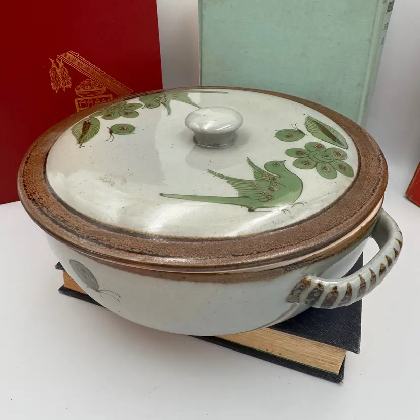 El Palomar by Ken Edwards Mexican Tonala Pottery Stoneware 2 Qt Covered Casserole "Birds, Butterflies & Flowers” - Signed