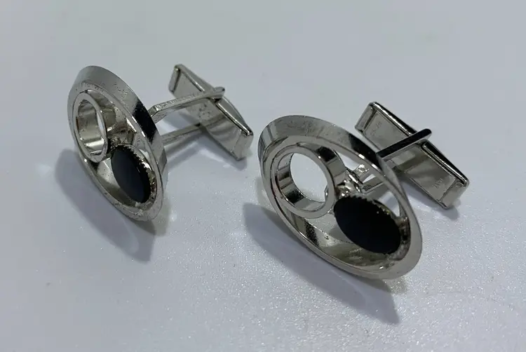 Vintage Unbranded Black Enamel Accent Silver Tone Cufflinks