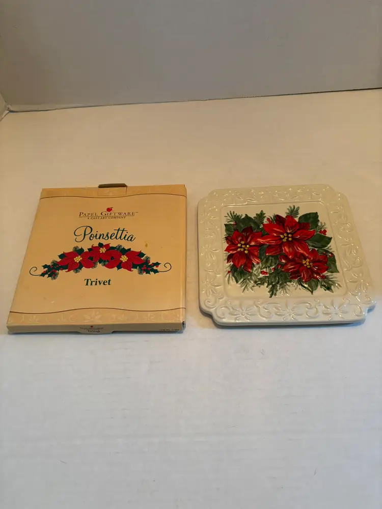 Vintage Poinsettia Trivet Ceramic Papel Giftware in Original Box w/ Wall Hanger