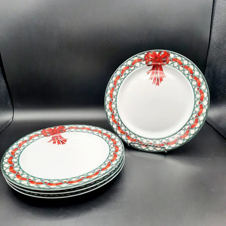 Dansk Nordic Garden Christmas Salad Luncheon Plates Lattice Red Ribbon Bow