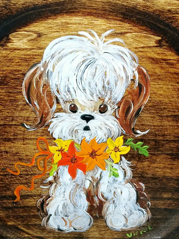 1960's Hand Painted Poodle Puppy Wooden Decorative Plate Artist Signed