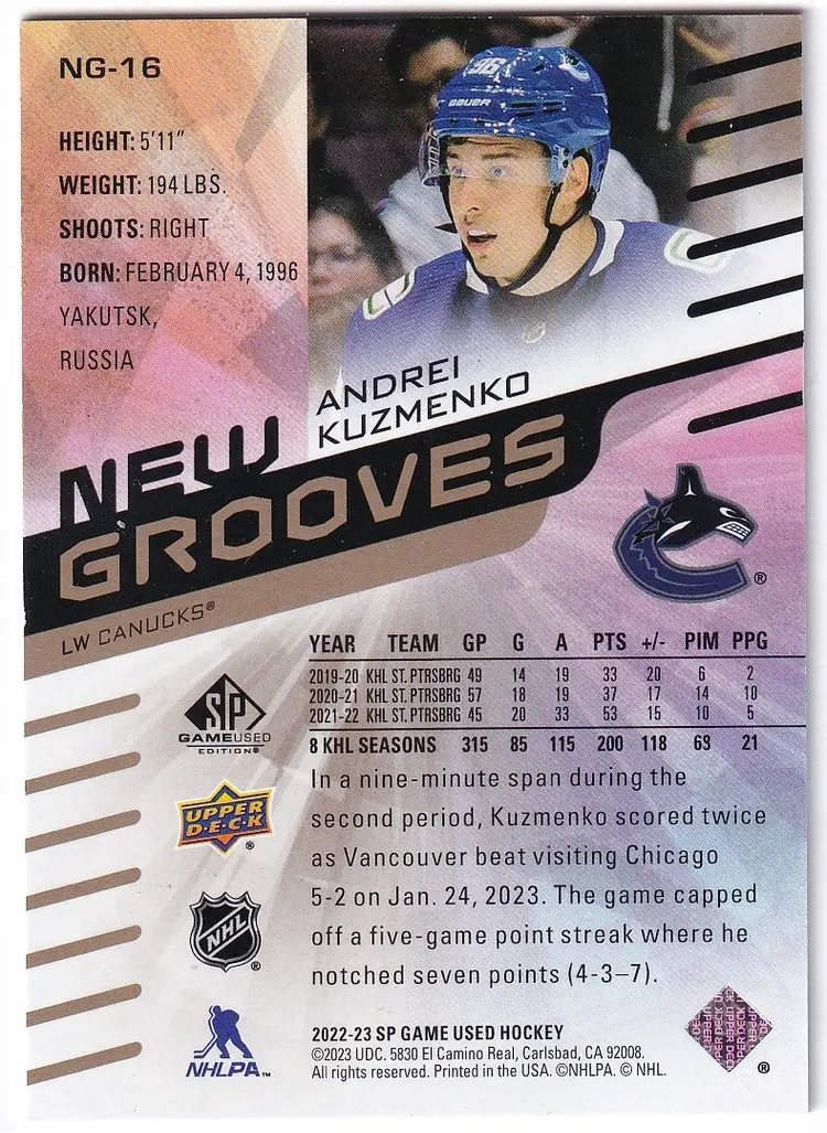 2022-23 SP Game Used New Grooves Gold #NG16 Andrei Kuzmenko Vancouver Canucks Hockey Card