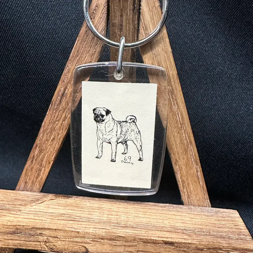 Vintage 1969 Lucite Karen Stott Pug Keychain - Signed Artist Illustration - Stand Not Included