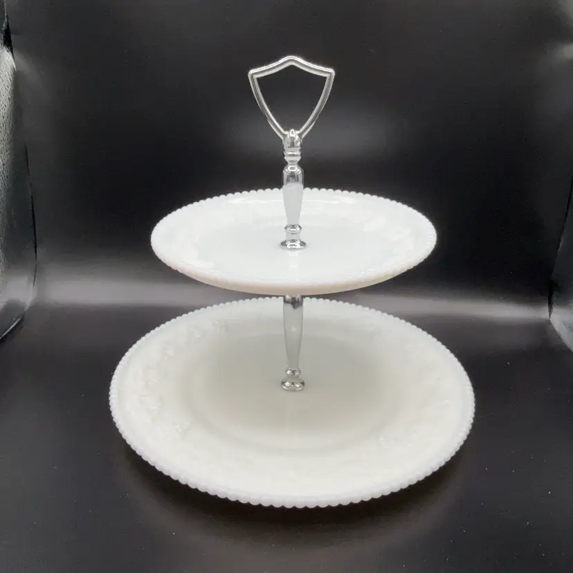 Westmoreland Beaded Grape Milk Glass Two Tier Tidbit Tray