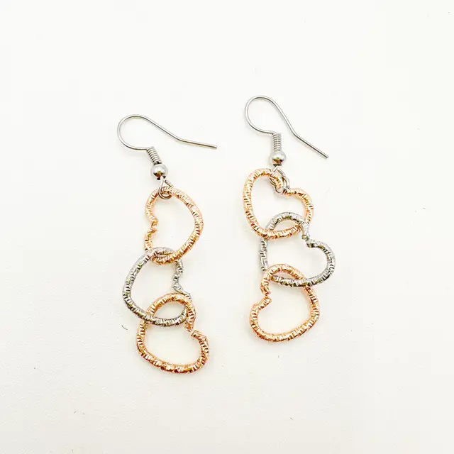 Heart Metal Link Dangle Earrings Silve and Gold Tone Handmade
