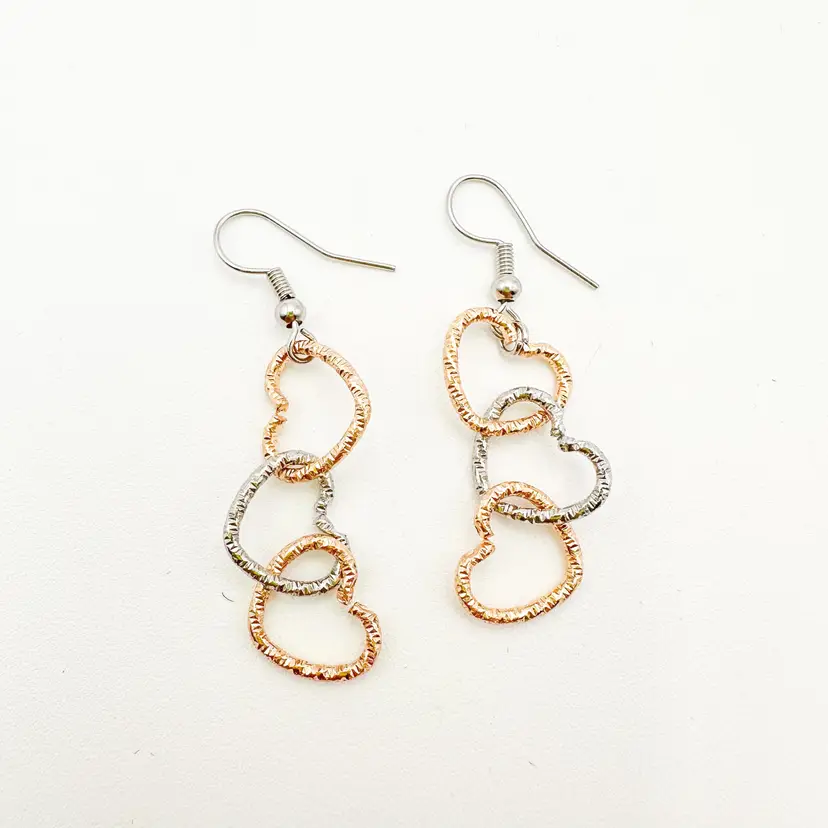 Valentine's Day Metal Link Heart Dangle Earrings Silve and Gold Tone Handmade